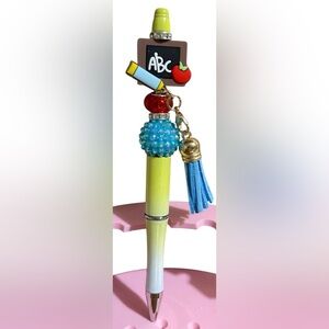 Handcrafted Blue and Yellow Beaded Pen with School Bead and Tassel